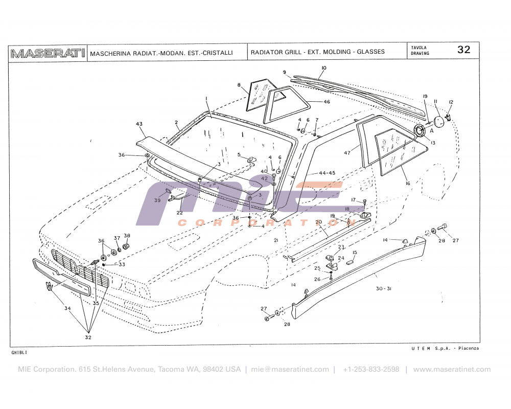 Maserati / Biturbo Ghibli / T-32 - radiator grill - ext molding - glasses