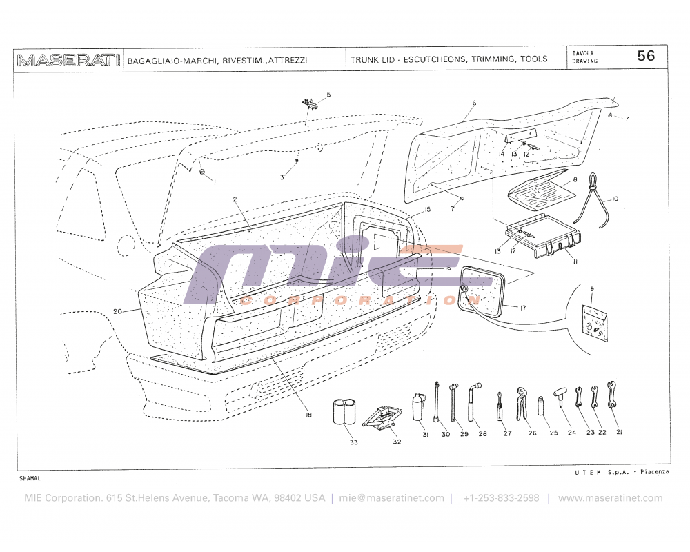 Maserati / Shamal / T-56 - trunk lid - escutcheons, trimming, tools